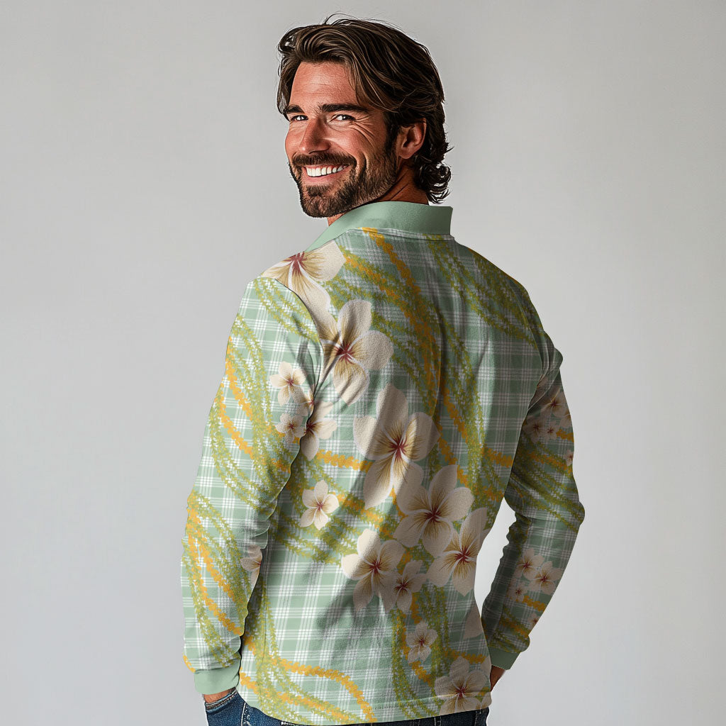 Liko Kukui Hawai'i Palaka Plumeria Long Sleeve Polo Shirt Puakenikeni and Maile Lei