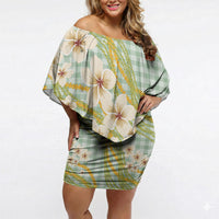 Liko Kukui Hawai'i Palaka Plumeria Off Shoulder Short Dress Puakenikeni and Maile Lei