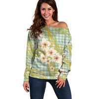 Liko Kukui Hawai'i Palaka Plumeria Off Shoulder Sweater Puakenikeni and Maile Lei