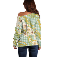 Liko Kukui Hawai'i Palaka Plumeria Off Shoulder Sweater Puakenikeni and Maile Lei