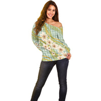 Liko Kukui Hawai'i Palaka Plumeria Off Shoulder Sweater Puakenikeni and Maile Lei