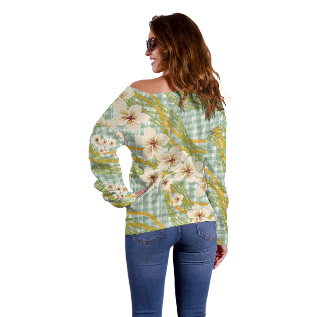 Liko Kukui Hawai'i Palaka Plumeria Off Shoulder Sweater Puakenikeni and Maile Lei