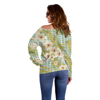 Liko Kukui Hawai'i Palaka Plumeria Off Shoulder Sweater Puakenikeni and Maile Lei