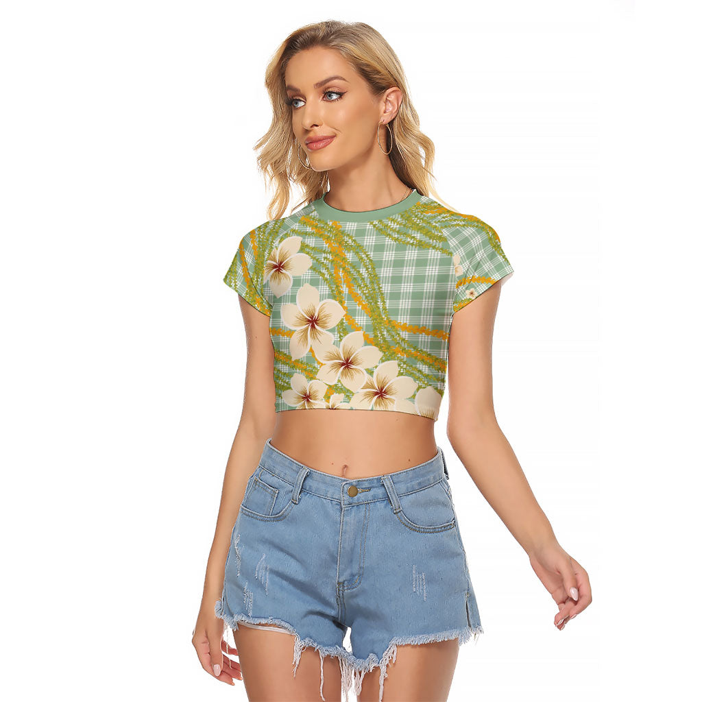 Liko Kukui Hawai'i Palaka Plumeria Raglan Cropped T Shirt Puakenikeni and Maile Lei