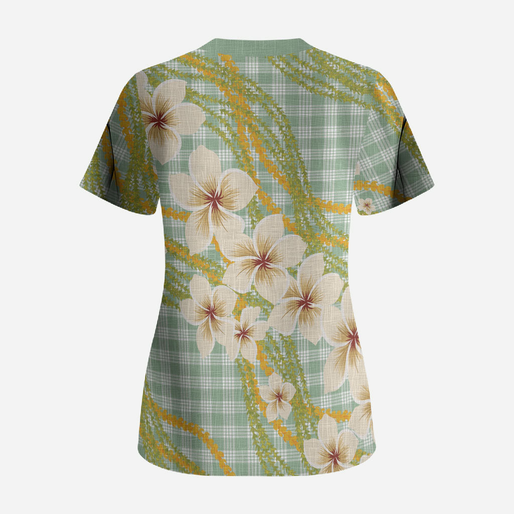 Liko Kukui Hawai'i Palaka Plumeria Scrub Top Puakenikeni and Maile Lei