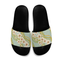 Liko Kukui Hawai'i Palaka Plumeria Slide Sandals Puakenikeni and Maile Lei