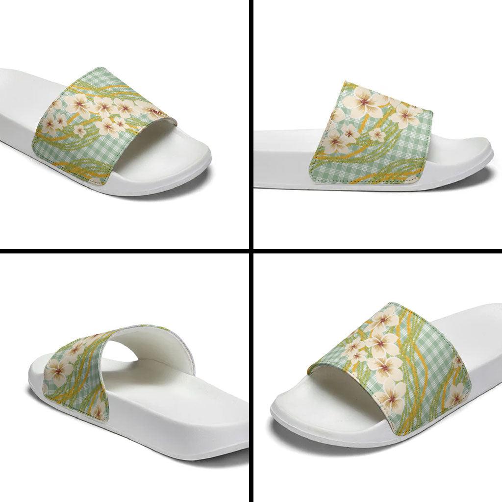 Liko Kukui Hawai'i Palaka Plumeria Slide Sandals Puakenikeni and Maile Lei