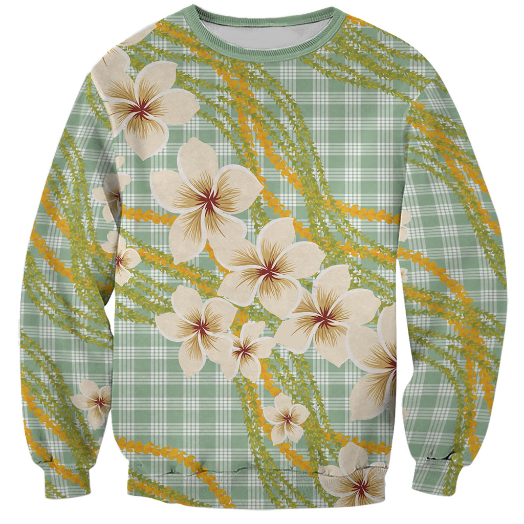 Liko Kukui Hawai'i Palaka Plumeria Sweatshirt Puakenikeni and Maile Lei LT9 Unisex Sage Green - Polynesian Pride