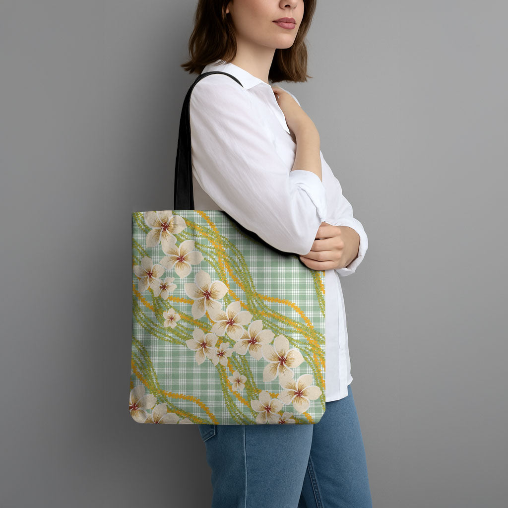 Liko Kukui Hawai'i Palaka Plumeria Tote Bag Puakenikeni and Maile Lei