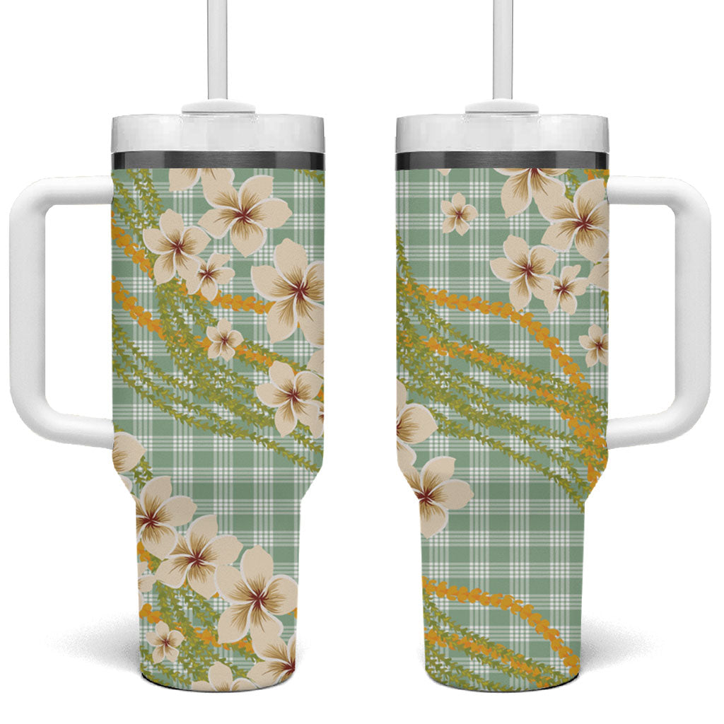 Liko Kukui Hawai'i Palaka Plumeria Tumbler With Handle Puakenikeni and Maile Lei