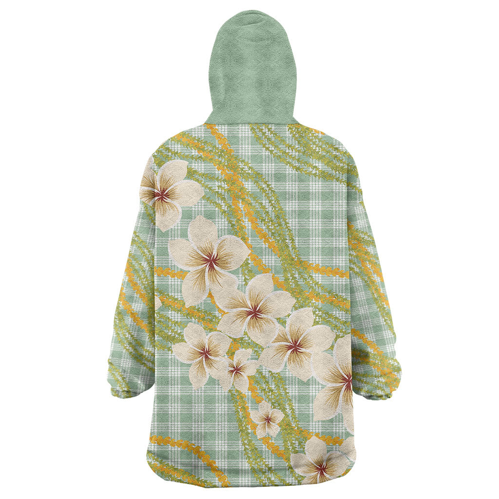 Liko Kukui Hawai'i Palaka Plumeria Wearable Blanket Hoodie Puakenikeni and Maile Lei