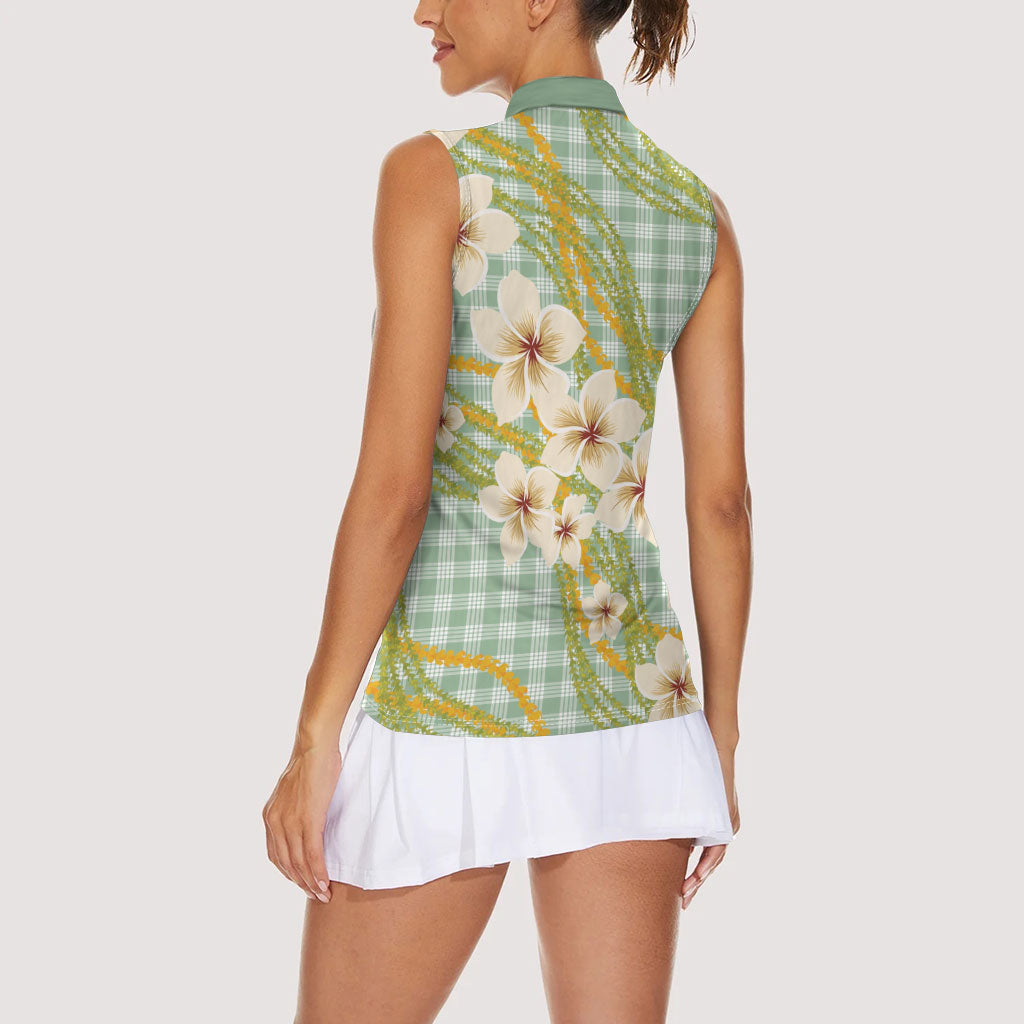 Liko Kukui Hawai'i Palaka Plumeria Women Sleeveless Polo Shirt Puakenikeni and Maile Lei