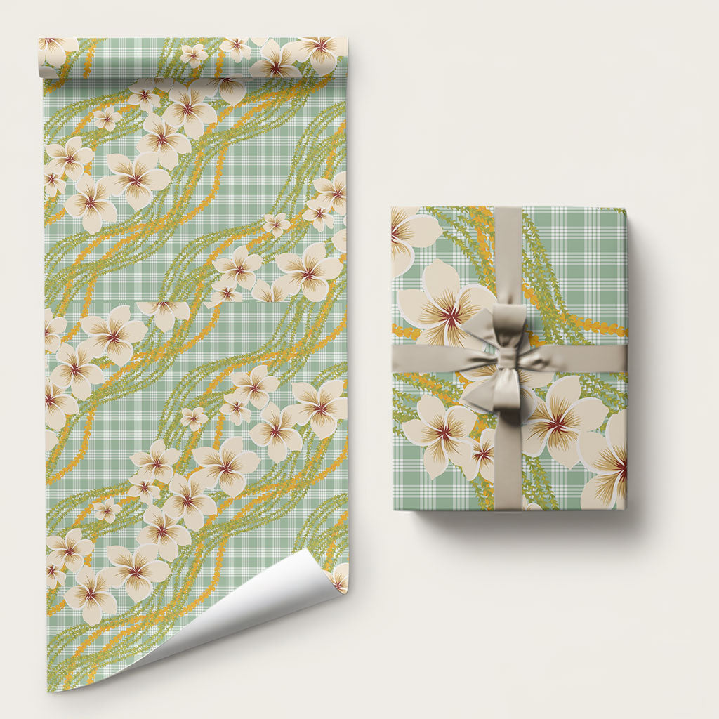 Liko Kukui Hawai'i Palaka Plumeria Wrapping Paper Puakenikeni and Maile Lei