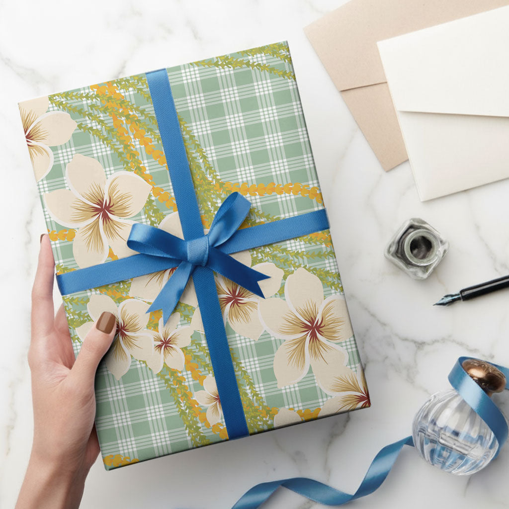 Liko Kukui Hawai'i Palaka Plumeria Wrapping Paper Puakenikeni and Maile Lei