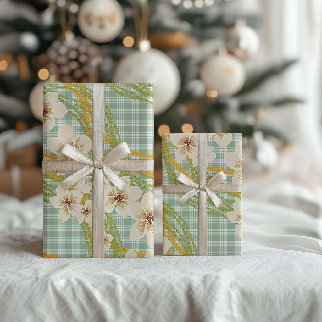 Liko Kukui Hawai'i Palaka Plumeria Wrapping Paper Puakenikeni and Maile Lei