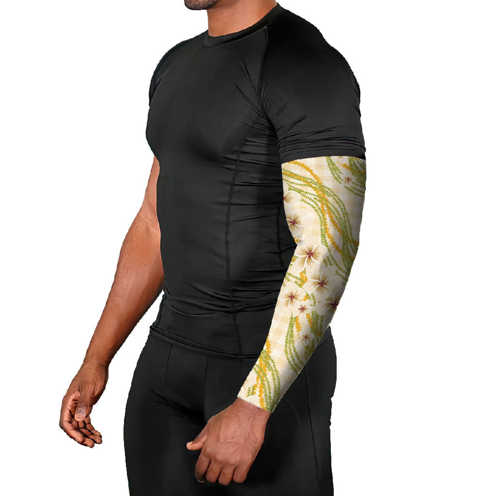 Melemele Ahiahia Hawai'i Palaka Plumeria Arm Sleeves Puakenikeni and Maile Lei