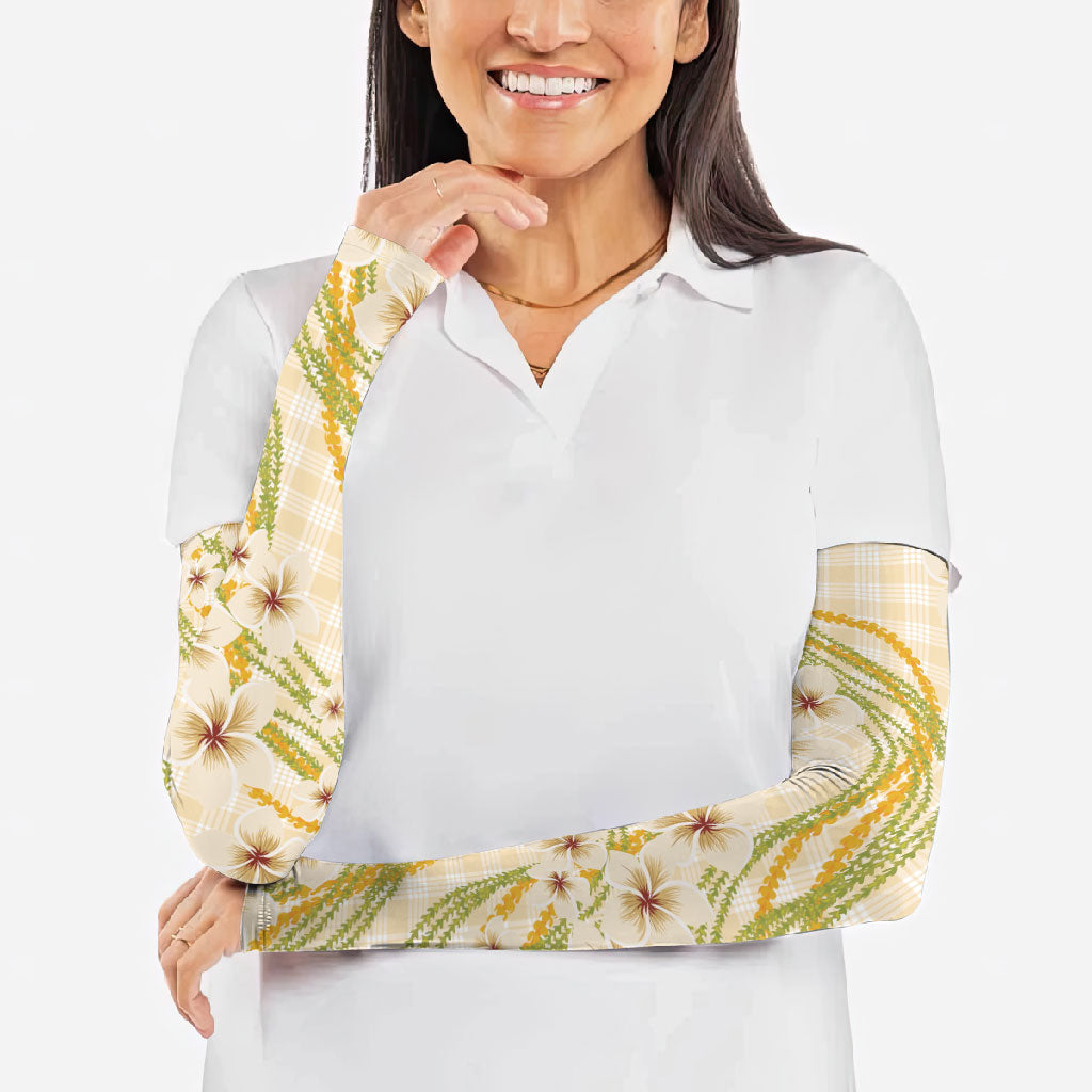 Melemele Ahiahia Hawai'i Palaka Plumeria Arm Sleeves Puakenikeni and Maile Lei