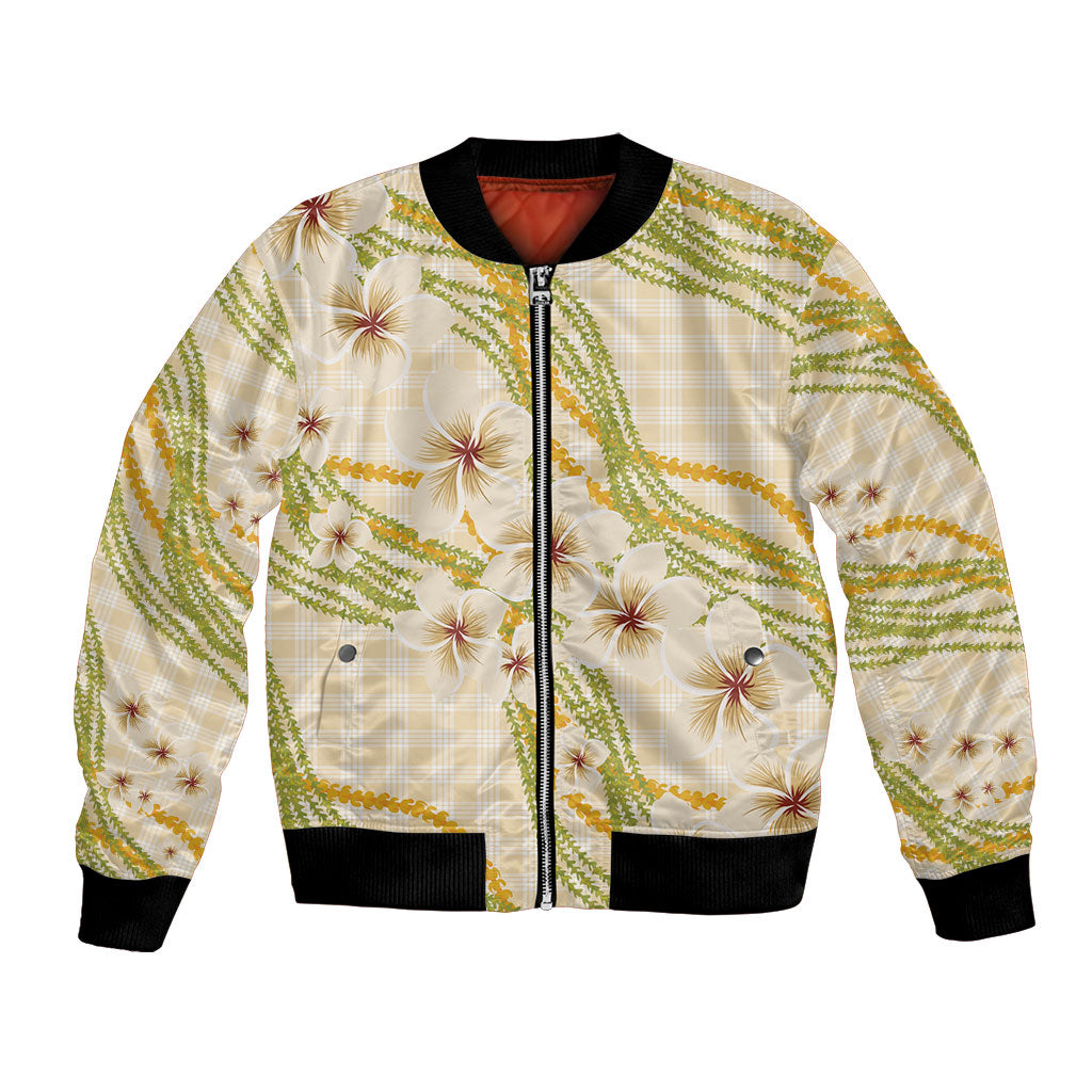 Melemele Ahiahia Hawai'i Palaka Plumeria Bomber Jacket Puakenikeni and Maile Lei