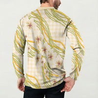 Melemele Ahiahia Hawai'i Palaka Plumeria Button Sweatshirt Puakenikeni and Maile Lei