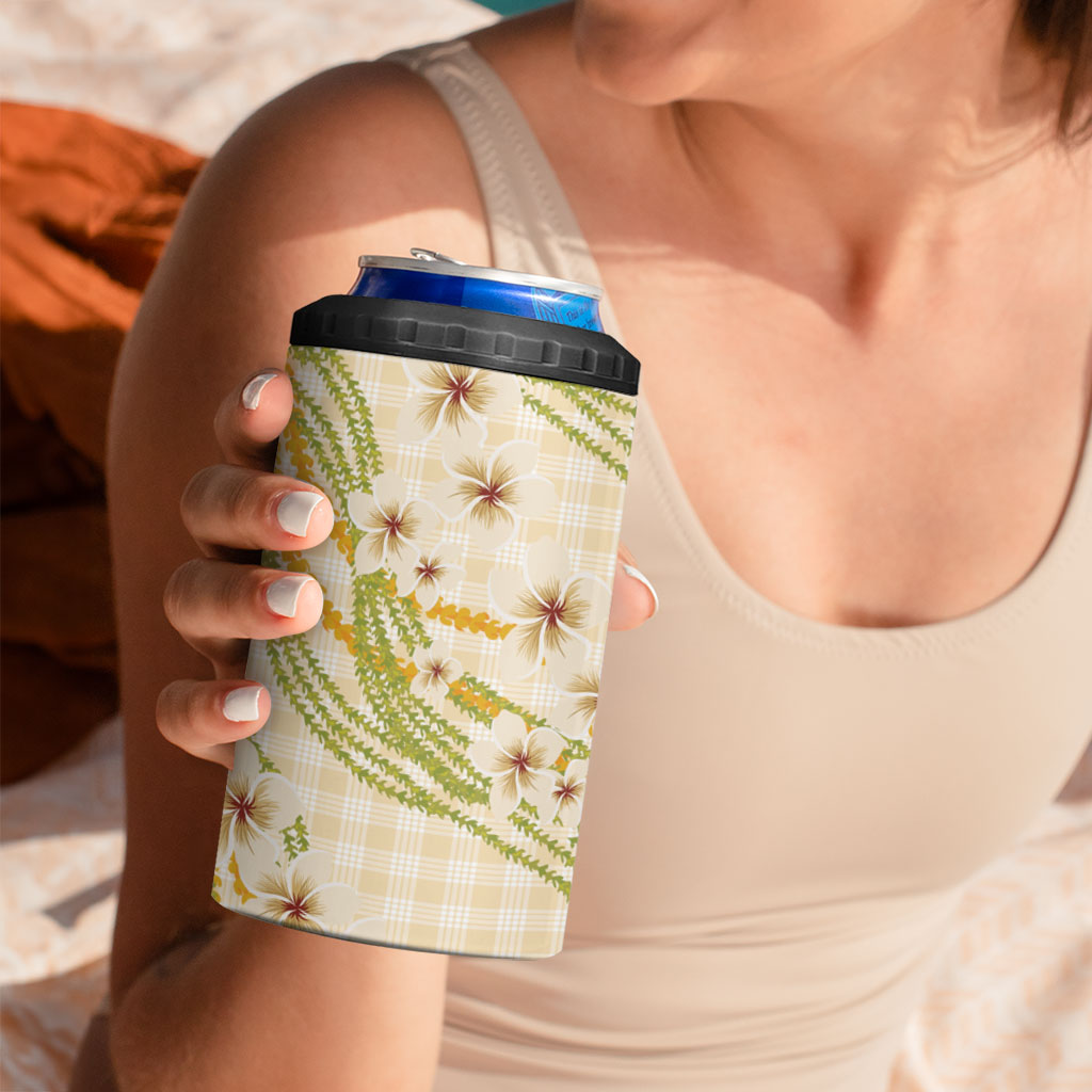 Melemele Ahiahia Hawai'i Palaka Plumeria 4 in 1 Can Cooler Tumbler Puakenikeni and Maile Lei