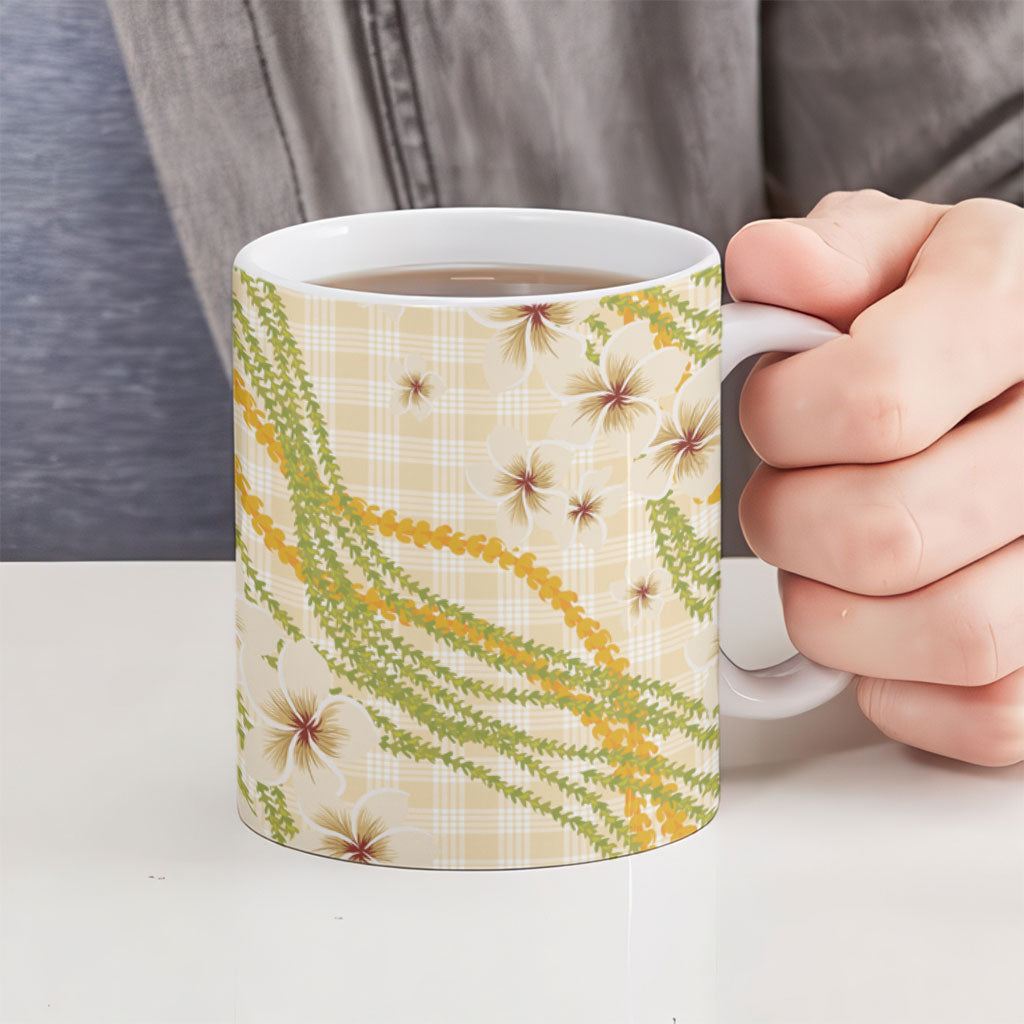 Melemele Ahiahia Hawai'i Palaka Plumeria Ceramic Mug Puakenikeni and Maile Lei
