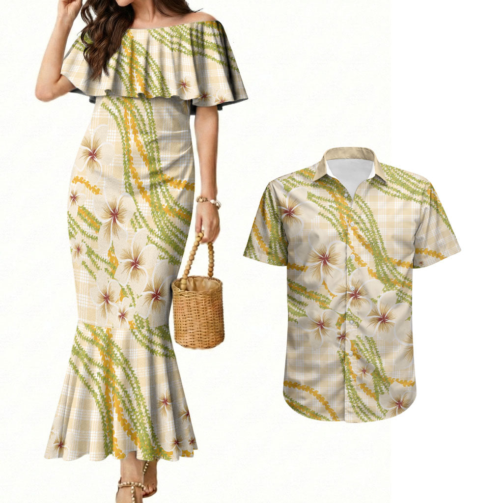Melemele Ahiahia Hawai'i Palaka Plumeria Couples Matching Mermaid Dress and Hawaiian Shirt Puakenikeni and Maile Lei