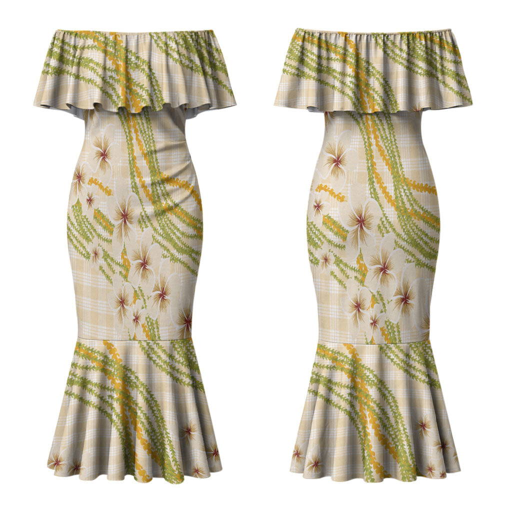 Melemele Ahiahia Hawai'i Palaka Plumeria Couples Matching Mermaid Dress and Hawaiian Shirt Puakenikeni and Maile Lei