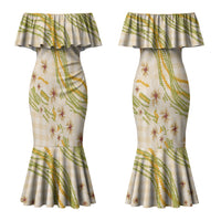 Melemele Ahiahia Hawai'i Palaka Plumeria Couples Matching Mermaid Dress and Hawaiian Shirt Puakenikeni and Maile Lei
