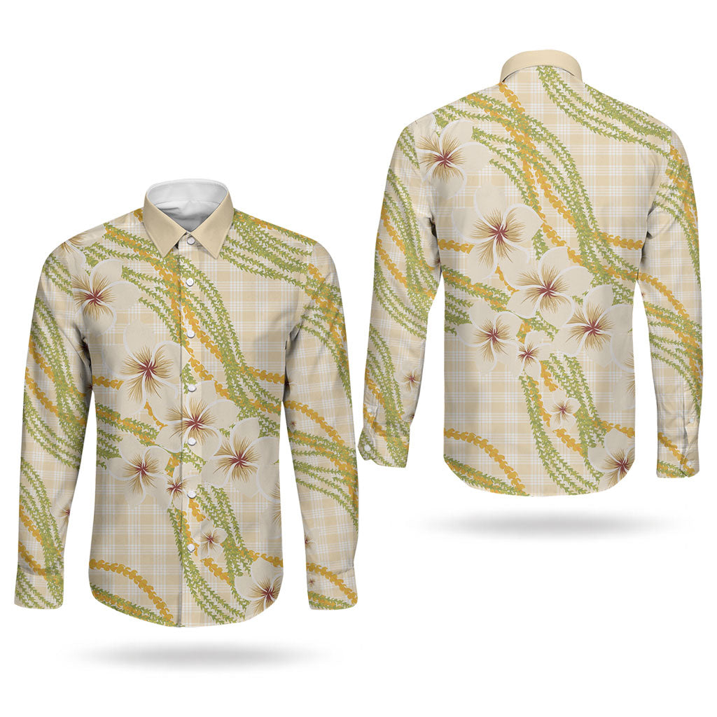 Melemele Ahiahia Hawai'i Palaka Plumeria Couples Matching Mermaid Dress and Long Sleeve Button Shirt Puakenikeni and Maile Lei