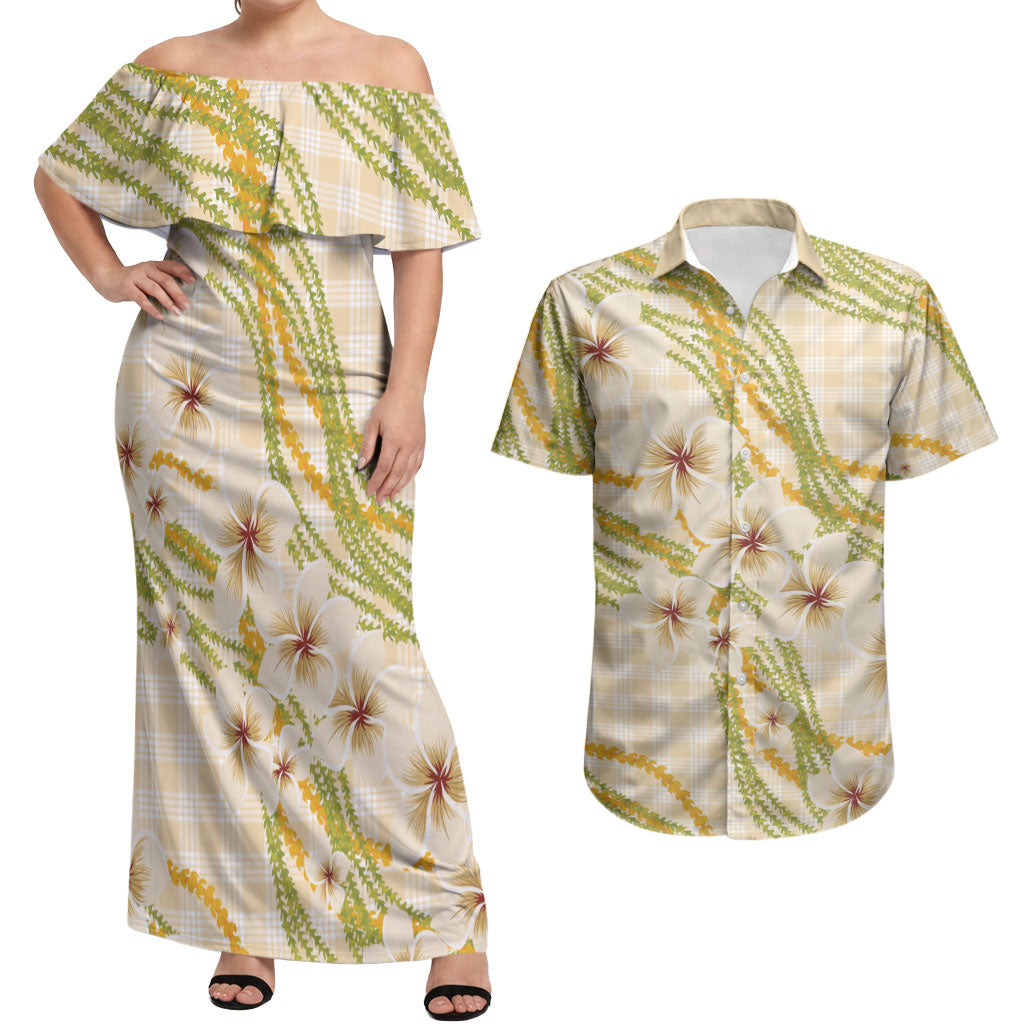 Melemele Ahiahia Hawai'i Palaka Plumeria Couples Matching Off Shoulder Maxi Dress and Hawaiian Shirt Puakenikeni and Maile Lei