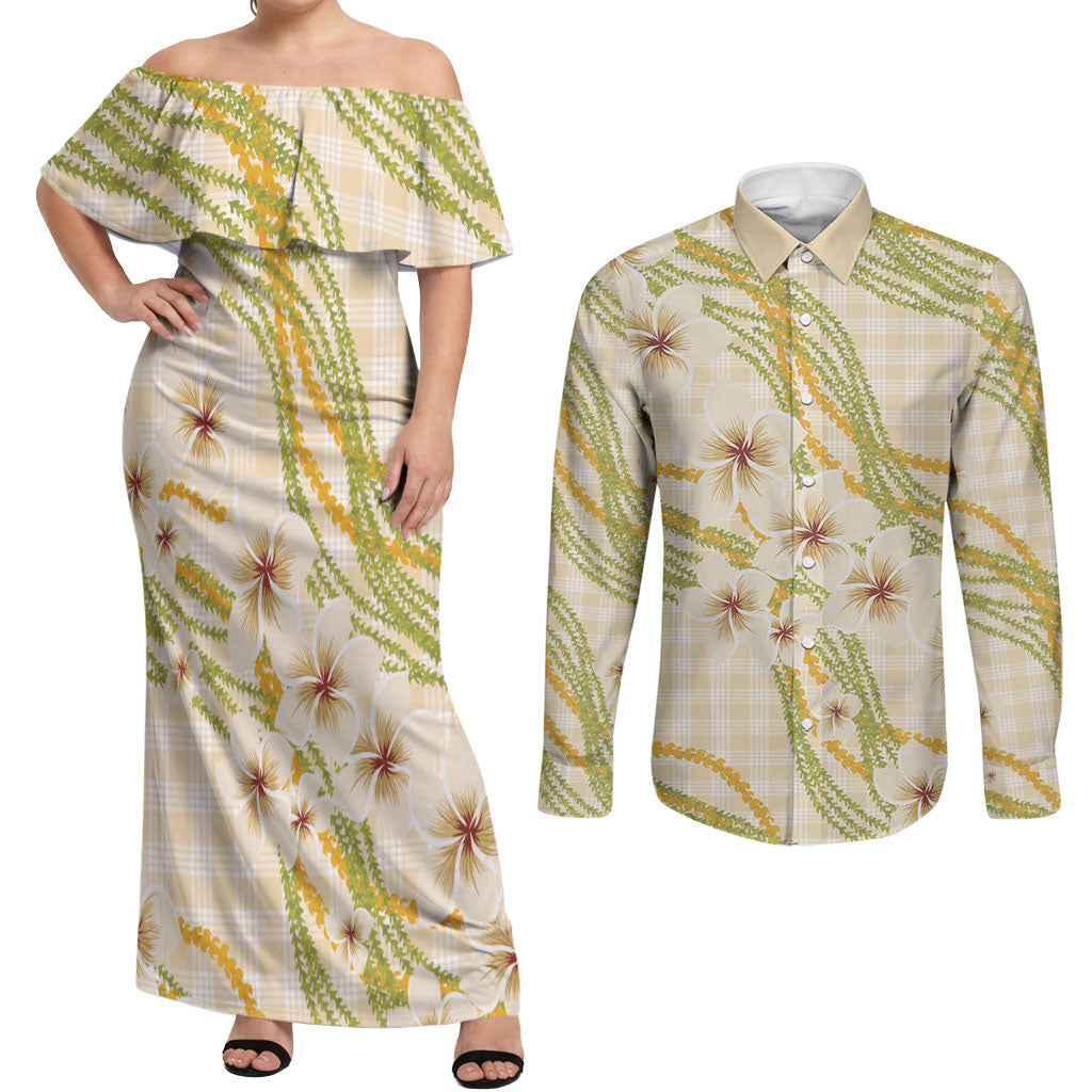 Melemele Ahiahia Hawai'i Palaka Plumeria Couples Matching Off Shoulder Maxi Dress and Long Sleeve Button Shirt Puakenikeni and Maile Lei