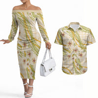 Melemele Ahiahia Hawai'i Palaka Plumeria Couples Matching Off The Shoulder Long Sleeve Dress and Hawaiian Shirt Puakenikeni and Maile Lei