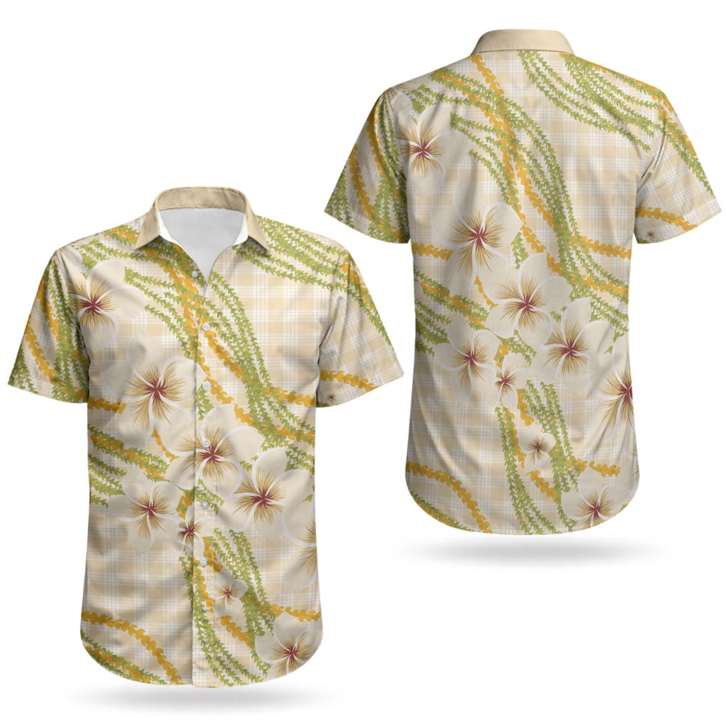 Melemele Ahiahia Hawai'i Palaka Plumeria Couples Matching Puletasi and Hawaiian Shirt Puakenikeni and Maile Lei