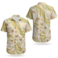 Melemele Ahiahia Hawai'i Palaka Plumeria Couples Matching Puletasi and Hawaiian Shirt Puakenikeni and Maile Lei