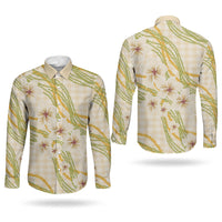 Melemele Ahiahia Hawai'i Palaka Plumeria Couples Matching Puletasi and Long Sleeve Button Shirt Puakenikeni and Maile Lei