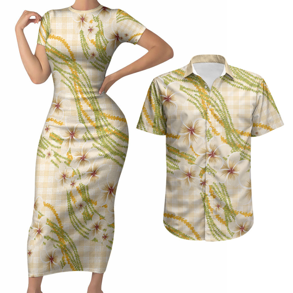 Melemele Ahiahia Hawai'i Palaka Plumeria Couples Matching Short Sleeve Bodycon Dress and Hawaiian Shirt Puakenikeni and Maile Lei