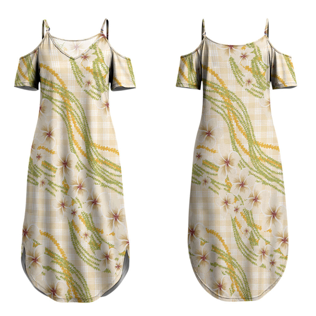Melemele Ahiahia Hawai'i Palaka Plumeria Couples Matching Summer Maxi Dress and Hawaiian Shirt Puakenikeni and Maile Lei