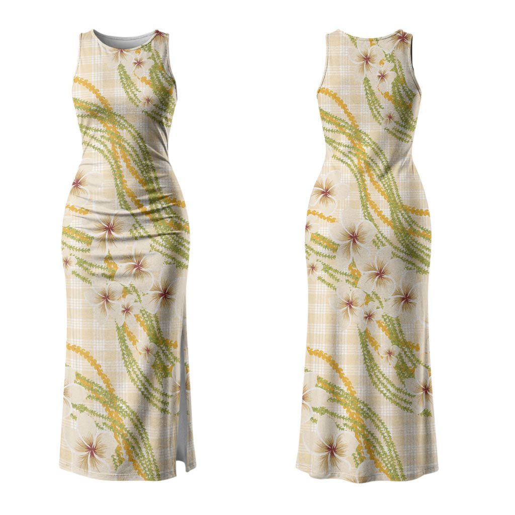 Melemele Ahiahia Hawai'i Palaka Plumeria Couples Matching Tank Maxi Dress and Hawaiian Shirt Puakenikeni and Maile Lei