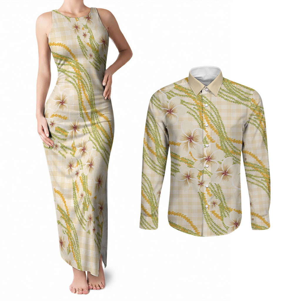 Melemele Ahiahia Hawai'i Palaka Plumeria Couples Matching Tank Maxi Dress and Long Sleeve Button Shirt Puakenikeni and Maile Lei