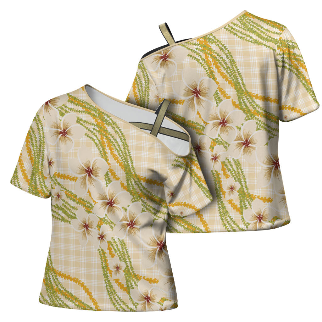 Melemele Ahiahia Hawai'i Palaka Plumeria Cross Shoulder Shirt Puakenikeni and Maile Lei