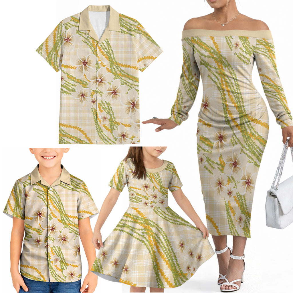 Melemele Ahiahia Hawai'i Palaka Plumeria Family Matching Off The Shoulder Long Sleeve Dress and Hawaiian Shirt Puakenikeni and Maile Lei