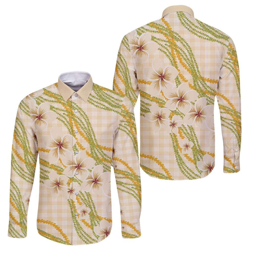 Melemele Ahiahia Hawai'i Palaka Plumeria Family Matching Off The Shoulder Long Sleeve Dress and Hawaiian Shirt Puakenikeni and Maile Lei