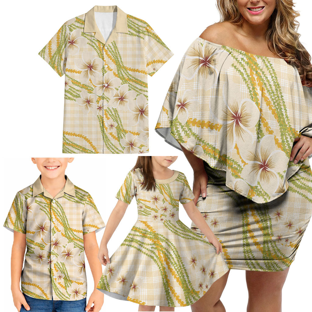 Melemele Ahiahia Hawai'i Palaka Plumeria Family Matching Off Shoulder Short Dress and Hawaiian Shirt Puakenikeni and Maile Lei