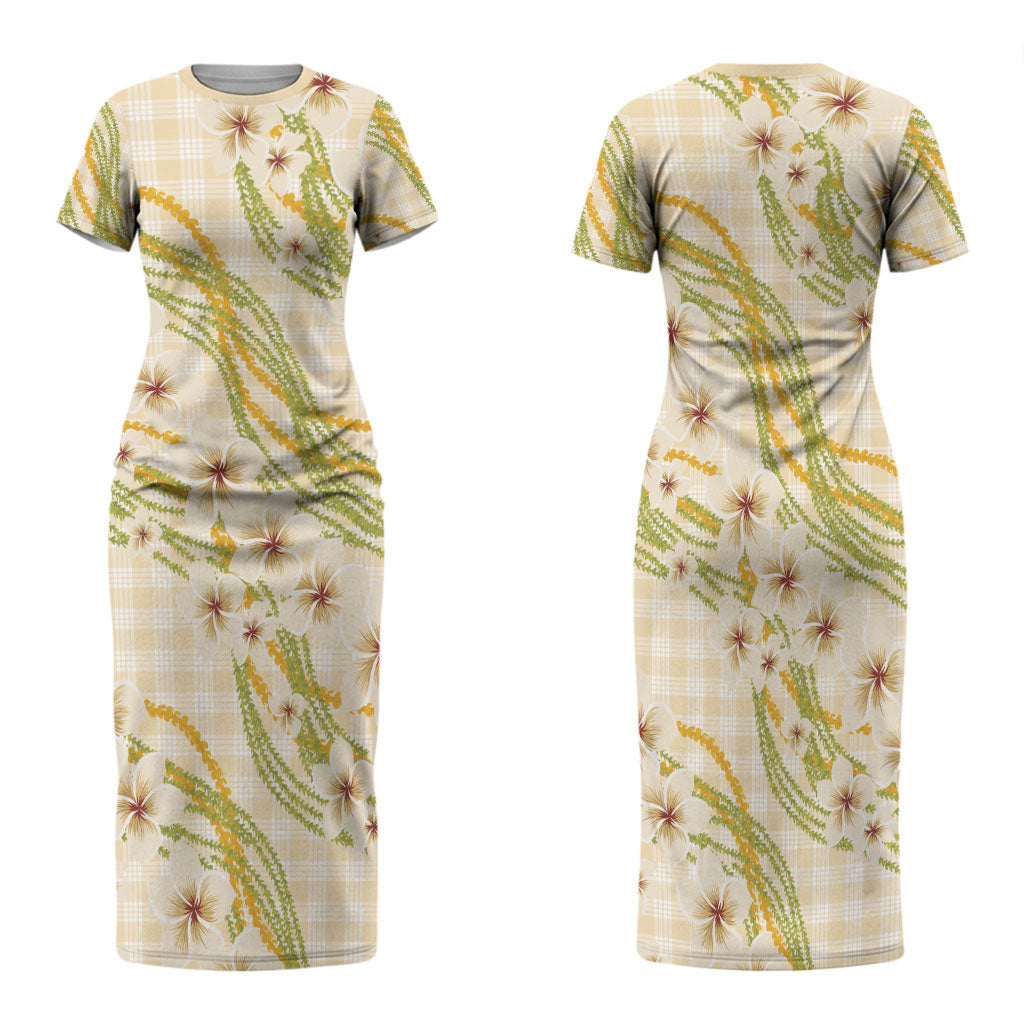 Melemele Ahiahia Hawai'i Palaka Plumeria Family Matching Short Sleeve Bodycon Dress and Hawaiian Shirt Puakenikeni and Maile Lei
