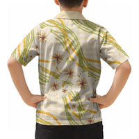 Melemele Ahiahia Hawai'i Palaka Plumeria Kid Hawaiian Shirt Puakenikeni and Maile Lei