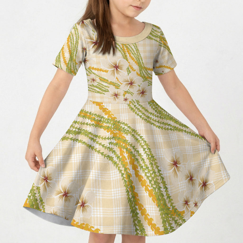 Melemele Ahiahia Hawai'i Palaka Plumeria Kid Short Sleeve Dress Puakenikeni and Maile Lei