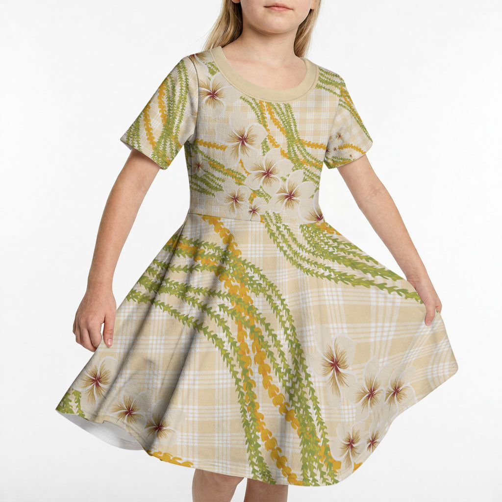 Melemele Ahiahia Hawai'i Palaka Plumeria Kid Short Sleeve Dress Puakenikeni and Maile Lei