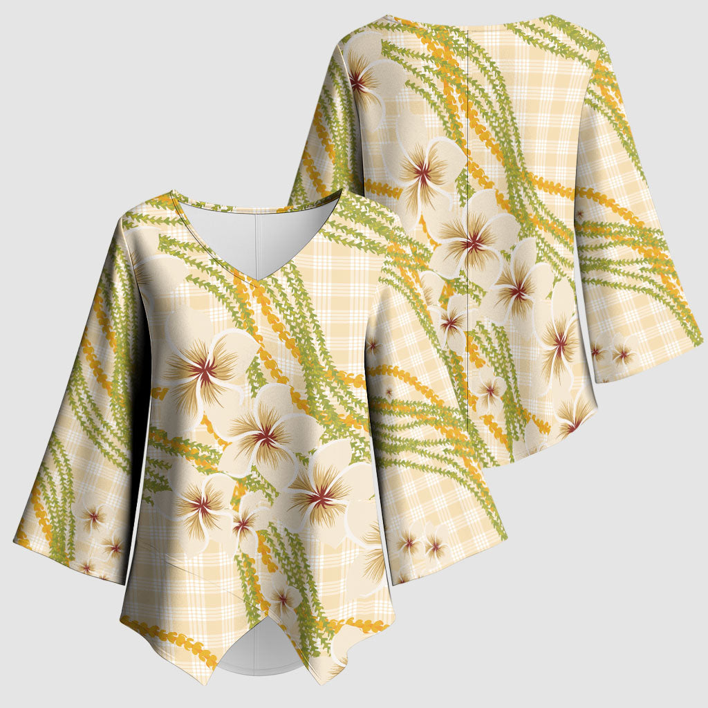 Melemele Ahiahia Hawai'i Palaka Plumeria Kimono Sleeve Blouse Puakenikeni and Maile Lei