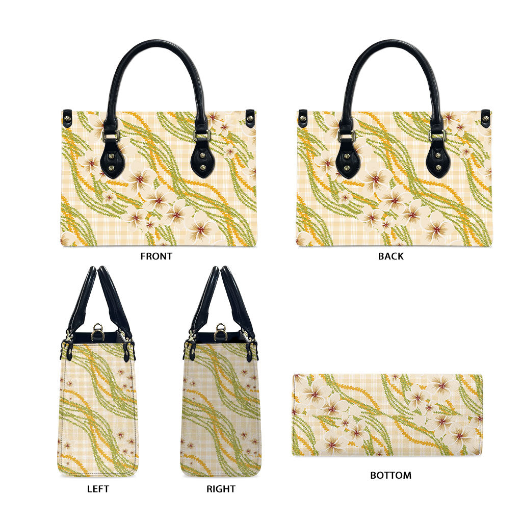 Melemele Ahiahia Hawai'i Palaka Plumeria Leather Bag Puakenikeni and Maile Lei