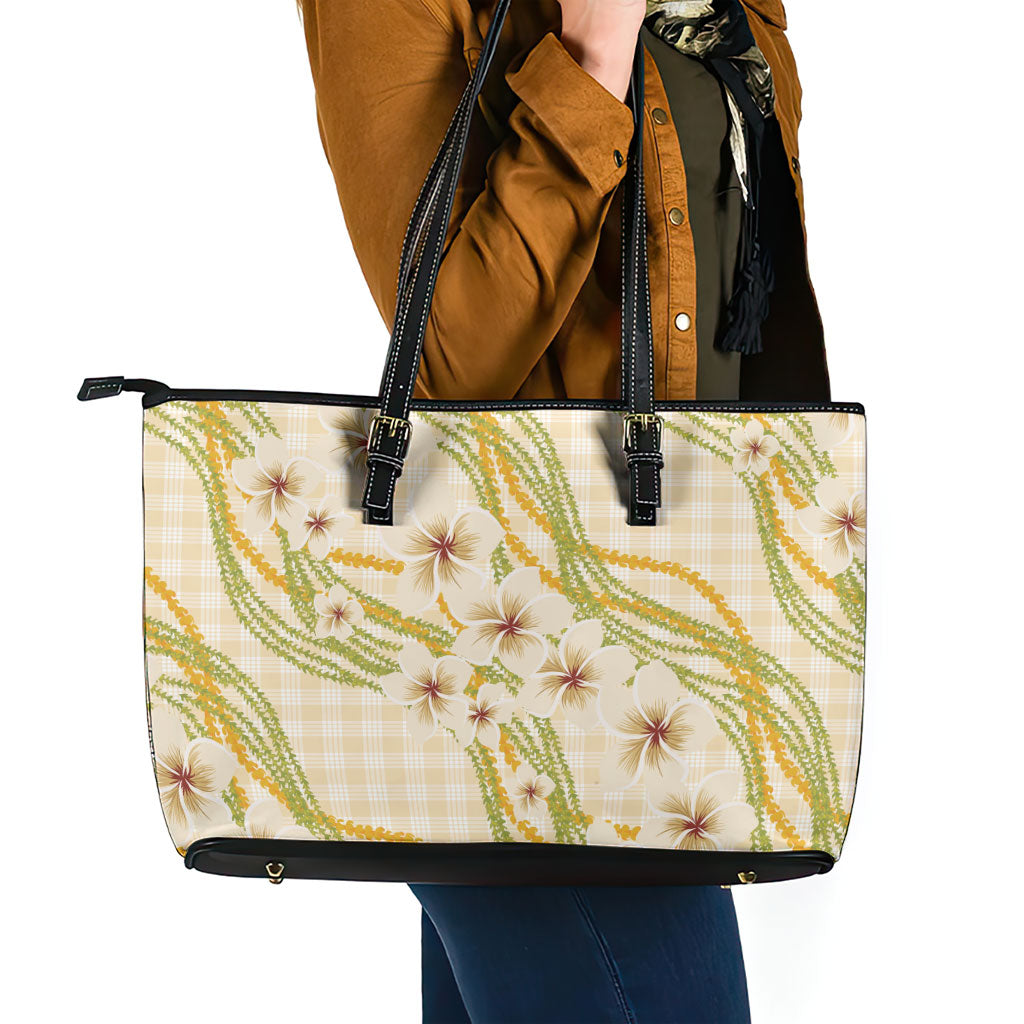 Melemele Ahiahia Hawai'i Palaka Plumeria Leather Tote Bag Puakenikeni and Maile Lei